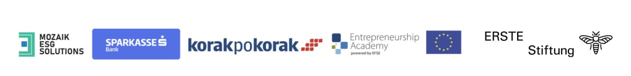 Logotipi programa: Mozaik ESG Solutions, Sparkasse Bank, korakpokorak, Entrepreneurship Academy, Evropska unija i ERSTE Stiftung